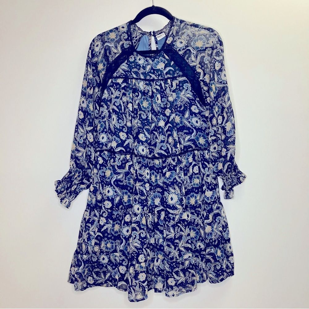 Bila 77 India Blue Long Sleeve Tiered Tunic Mini Dress Boho Blue And Tan XS